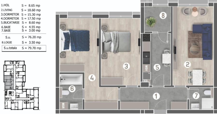 Apartament 3 camere spatios decomandat - 2