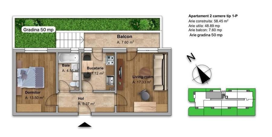 Apartament 2 camere, parter, 57mp + curte de 60mp, loc de parcare inclus - 13