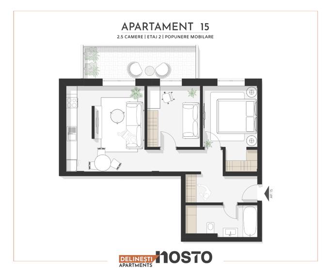 Apartament de vânzare | 2,5 camere + balcon, compartimentare practică - 2