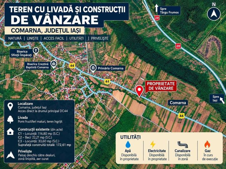 Proprietate de vanzare in comuna Comarna, judetul Iasi, compusa din teren intravilan si extravilan, livada, vie si constructii existente.