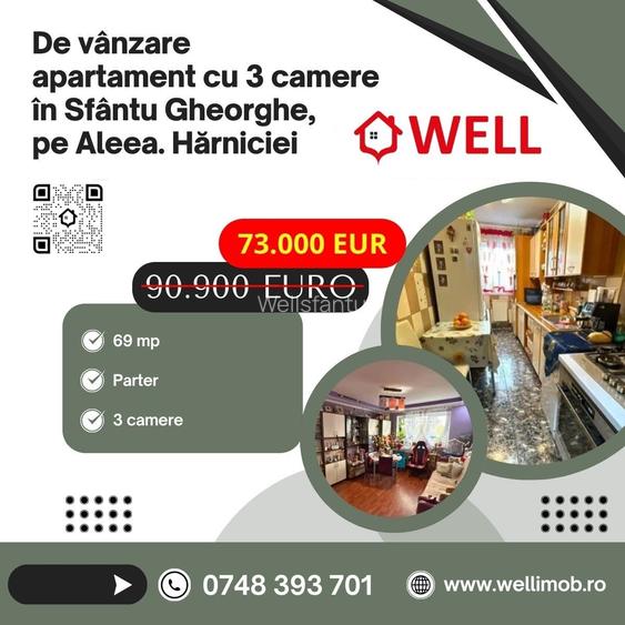 De vânzare apartament cu 3 camere în Sfântu Gheorghe, pe Aleea. Hărniciei