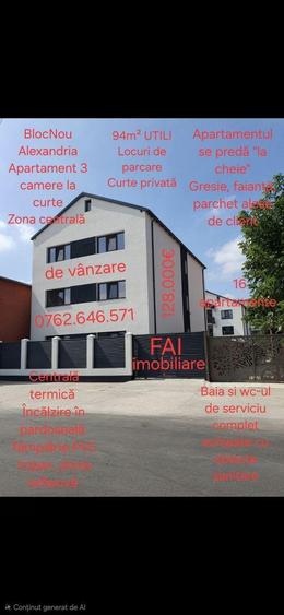 BlocNou Alexandria - Apartament 3 camere 94mp UTILI la curte Central - 1