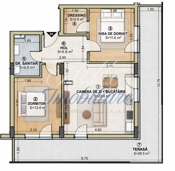 Apartament 3 camere 60 mp terasa 28.5 in Floresti zona Eroilor