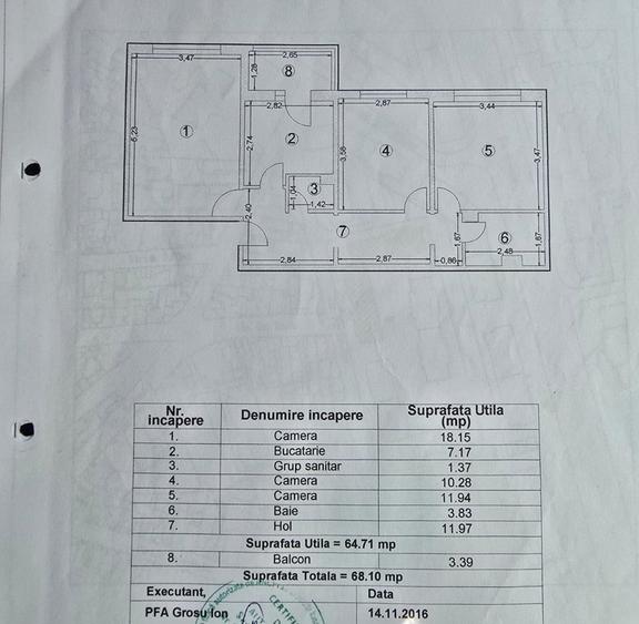 Dacia - ap 3 cam , parter/4 , dec, Suprafata 68,1 mp - 1
