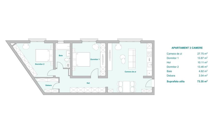 Apartament cu 3 camere decomandat în Plopi