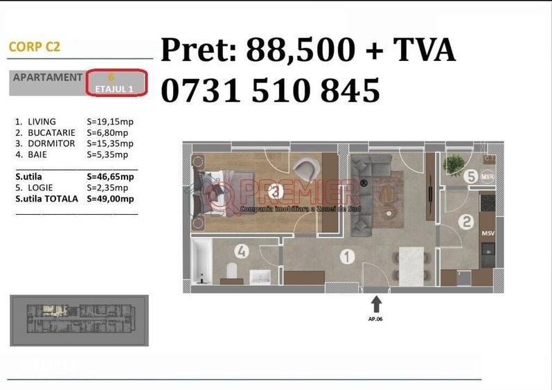 Apartament cu 2 camere decomandat în Central