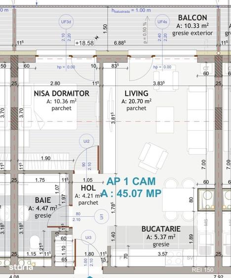 Apartament de 2 camere , 45,07 mp, semifinisat , EROILOR - 1
