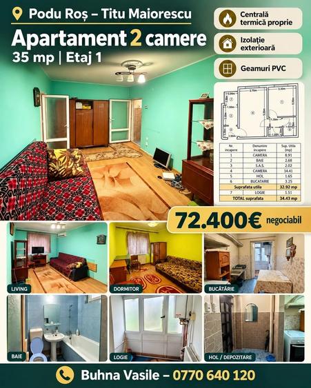 Apartament cu 2 camere semidecomandat în Podu Roș