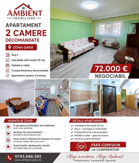 Apartament cu 2 camere decomandat, mobilat în Gară