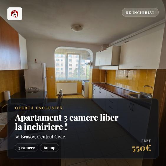 Apartament cu 3 camere decomandat, mobilat în Centrul Civic