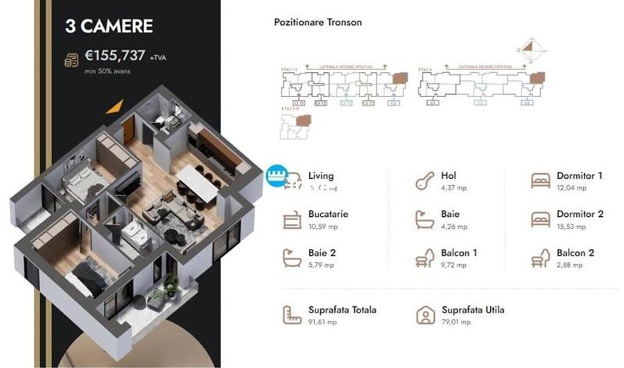 Apartament cu 3 camere decomandat în Aeroport