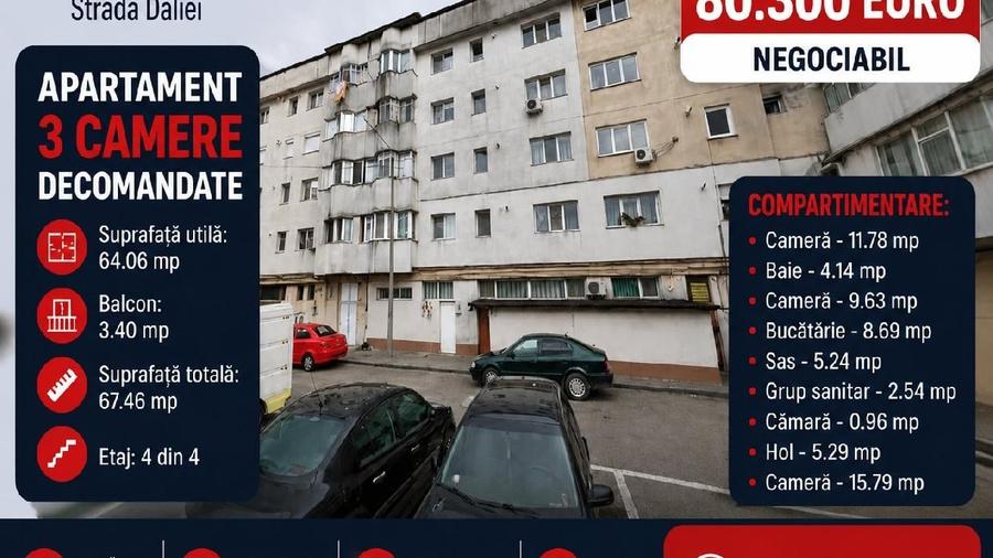 Apartament cu 3 camere decomandat în Holboca