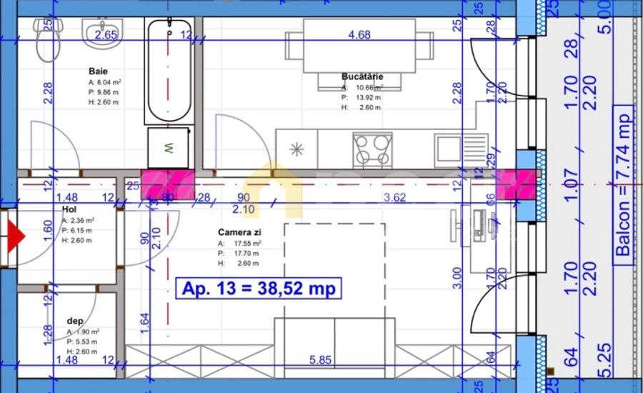 Apartament 1 camera, balcon | SU 38,52 mp | Terra, Floresti - 1