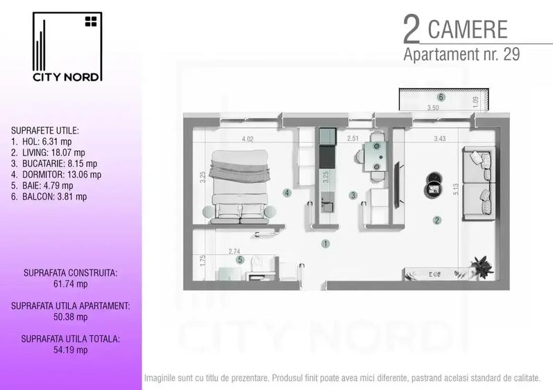 2 camere - 55 mp utili total-TVA inclus-finalizat - CITY NORD - 10