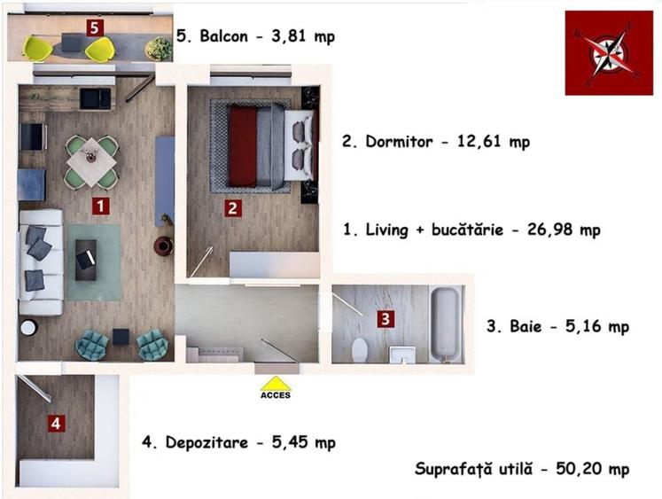 Studio 50 mp, etaj intermediar, cu balcon si loc de parcare, situat in Subcetate - 8