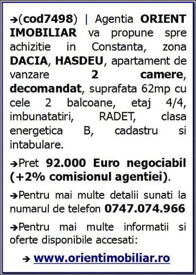 Dacia, Hasdeu, decomandat, 2 camere, 62mp, vanzari Constanta - 9