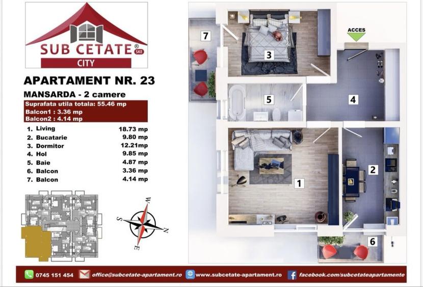 Apartament 2 camere, 55 mp, mobilat si utilat, 2 balcoane, Subcetate City Sanpetru Brasov - 1