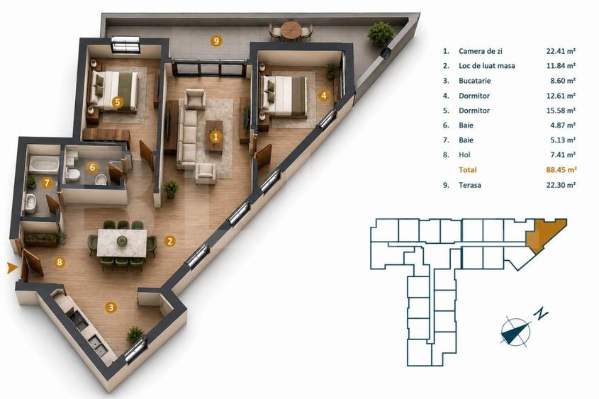 Apartament cu 3 camere semidecomandat în Între Lacuri