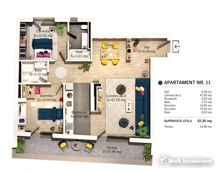 Apartament cu 3 camere semidecomandat în Central