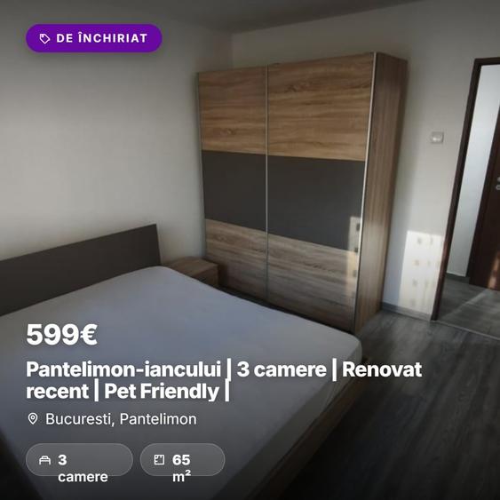 Apartament cu 3 camere decomandat, mobilat în Pantelimon