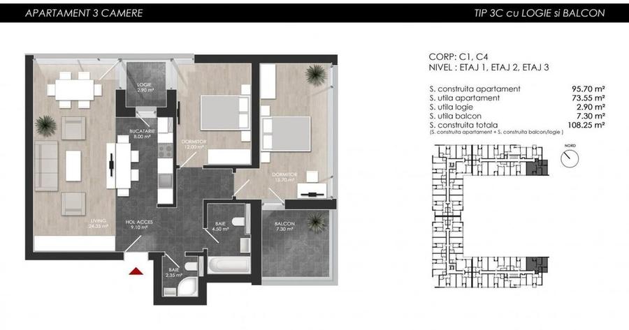 Apartament cu 3 camere decomandat, mobilat în Chitila