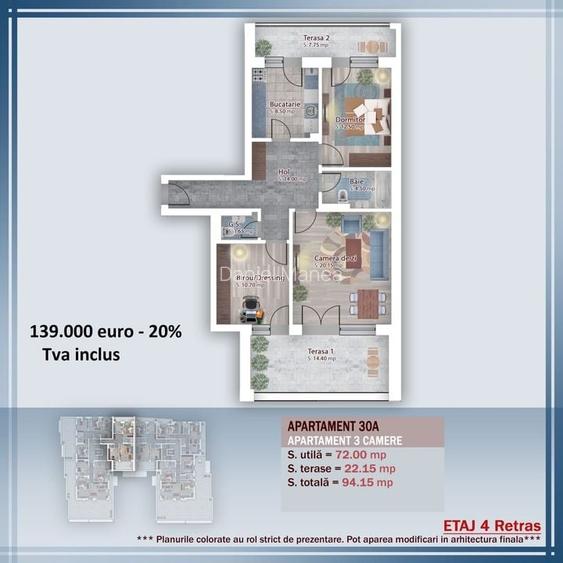 Pallady-3 camere, dec, 94.15 mp, incalzire in pardoseala!