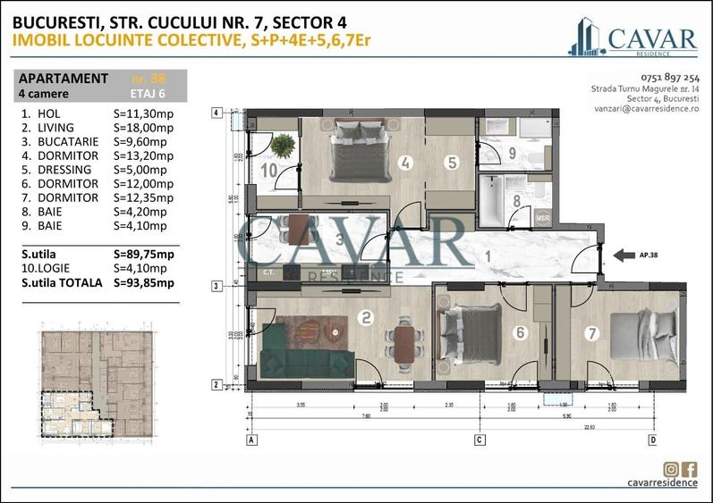 Apartament cu 4 camere decomandat, mobilat în Brâncoveanu