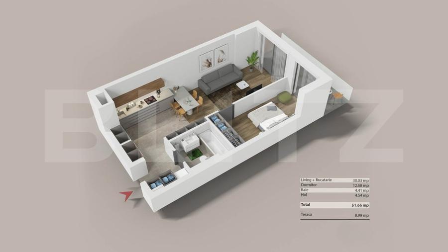 Apartament cu 2 camere, 52 mp, etajul 10  |Oxygen Residence - 3