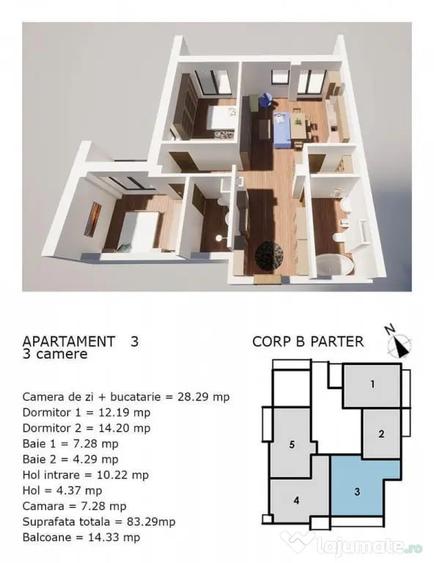 Apartament cu 3 camere semidecomandat în Central