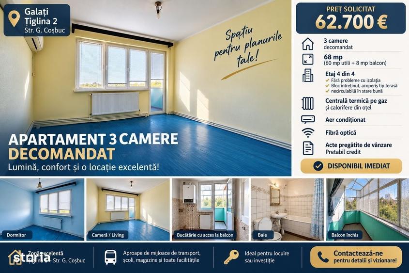 Apartament cu 3 camere decomandat în Țiglina 2