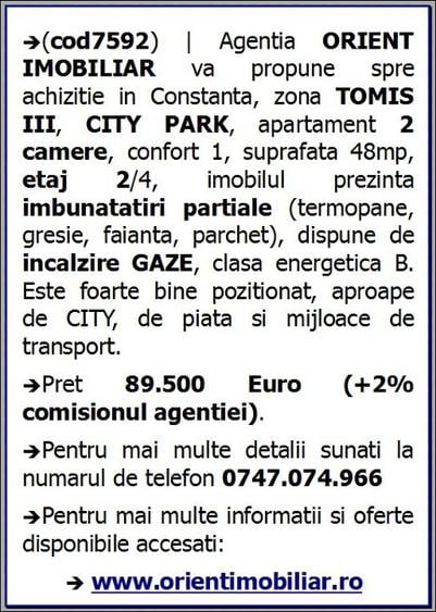 Tomis 3, City Park, 2 camere, etaj 2, gaze, vanzari Constanta - 9