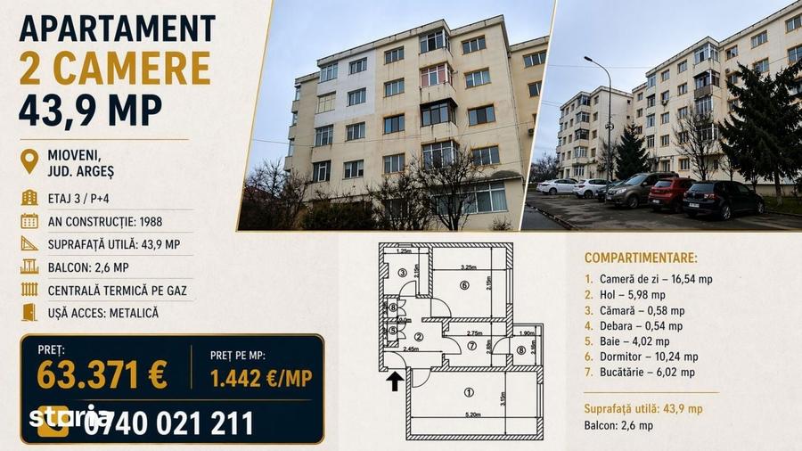 Apartament 2 camere - 44 mp - Et.3|4, Mioveni - 2