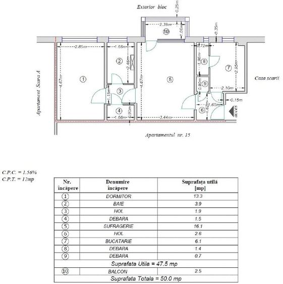 Apartament 2 camere, 48 mp, balcon închis, etaj 3/4, Cornișa – lângă Școala 10 - 12