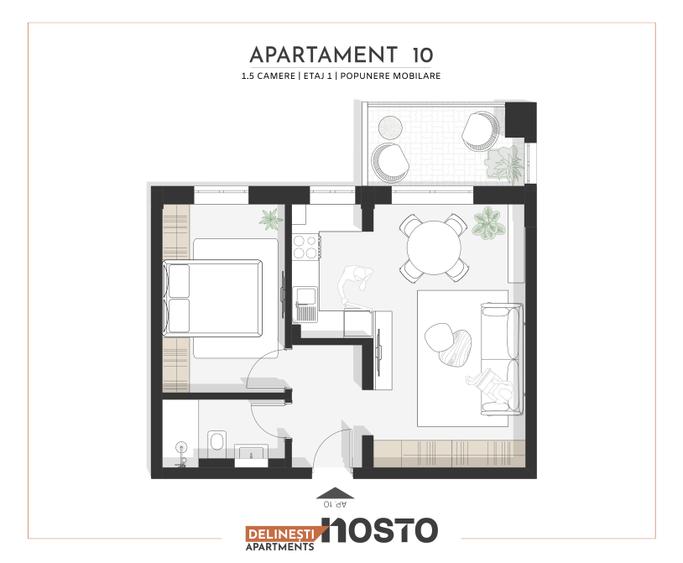 Apartament de vânzare | 1,5 camere + balcon, compartimentare practică | - 3