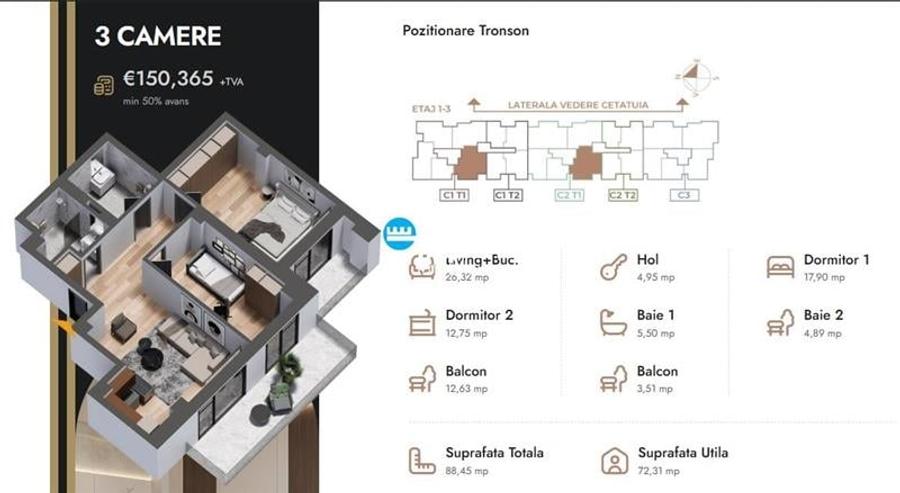 Apartament 3 camere,88.45 mp,bloc nou,zona Nicolina Selgros - 2