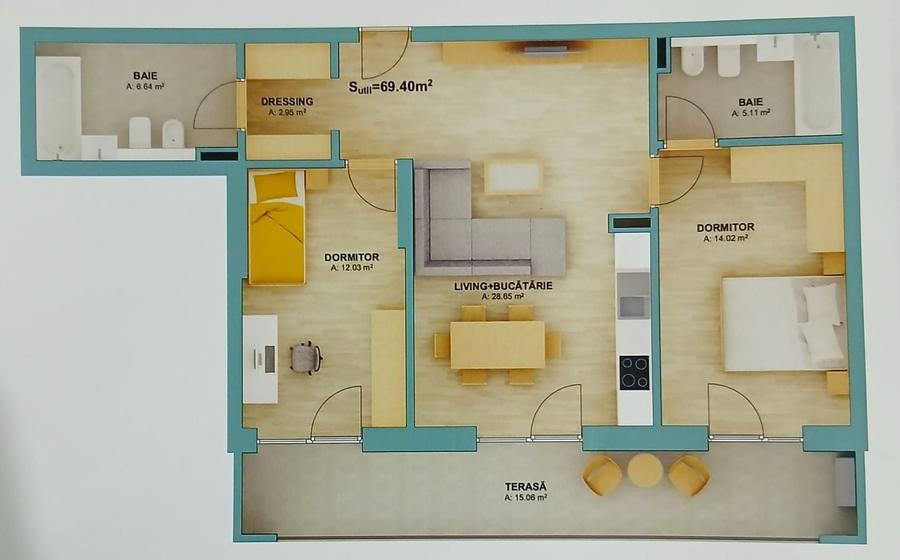 Apartament cu 3 camere în Sud