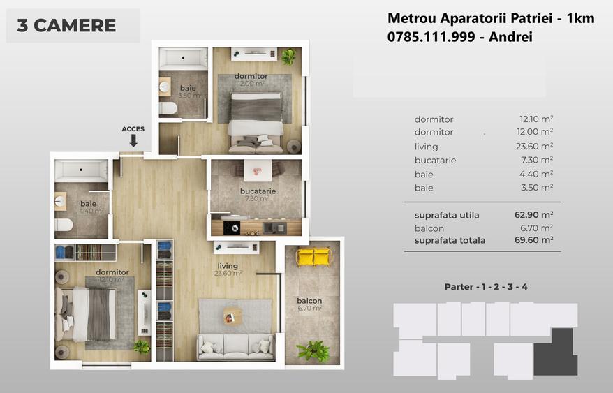 Apartament cu 2 camere decomandat în Apărătorii Patriei