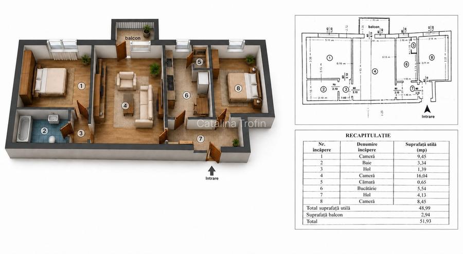 Apartament TĂTĂRAȘI SUD | 3 camere, semidecomandat, 52 mp total