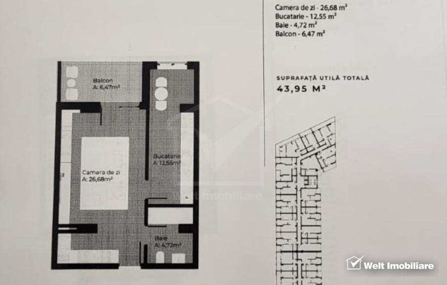 Apartament cu o camera, bloc nou, 42,24 mp plus balcon, loc parcare, Gheorgheni - 3