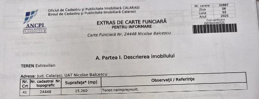 Teren de 15260 mp, în Nicolae Bălcescu