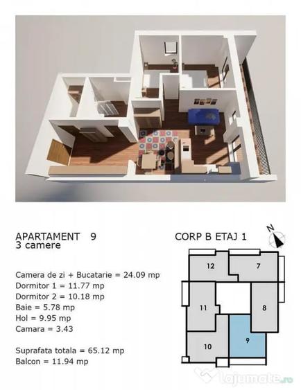 Apartament cu 3 camere semidecomandat în Central