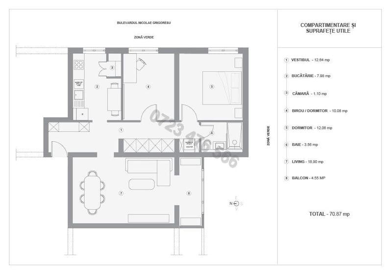 Apartament cu 3 camere decomandat, mobilat în Titan
