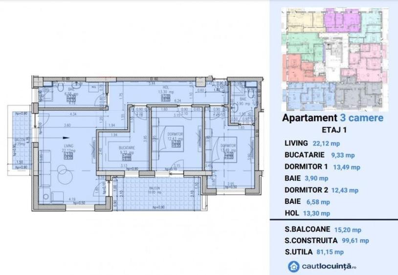 Apartament cu 3 camere în Sisești