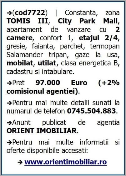 Tomis 3, City Mall, de vanzare apartament 2 camere, etaj 2 - 10