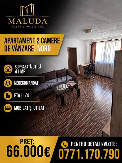 Apartament cu 2 camere nedecomandat, mobilat în Nord