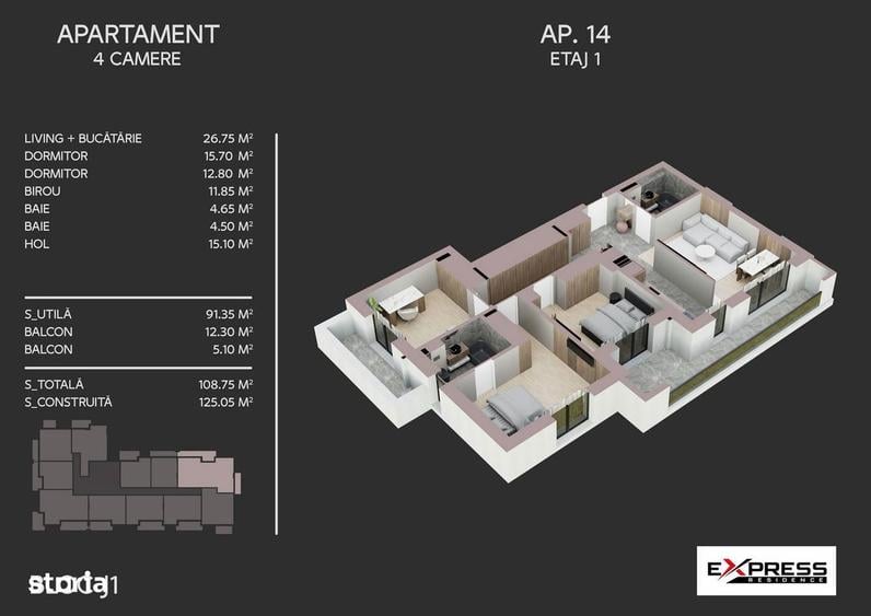 Apartament cu 4 camere de vanzare, 108,75 mp, zona Bd.Metalurgiei - 8