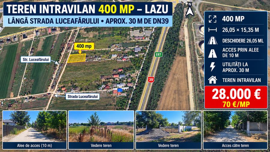 Teren Construcții intravilan de 400 mp, în Lazu