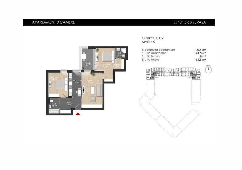 3 camere: 83 mp S.utila totala Etaj 5/6 Sect.1 Zona Mall Colosseum - 1