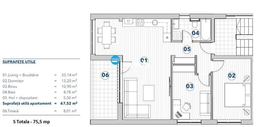 Apartament 3 camere 75,5 mp Rediu,parcare inclusa - 1