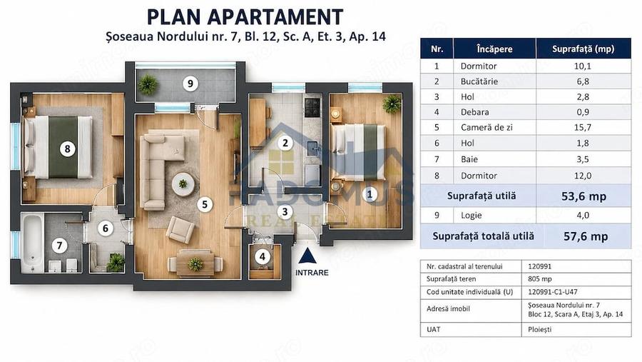 Apartament cu 3 camere semidecomandat în Nord
